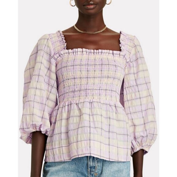 💕GANNI💕 Smocked Seersucker Plaid Top ~ Orchid Bloom Checked Print 44 EU NWT - Picture 2 of 16